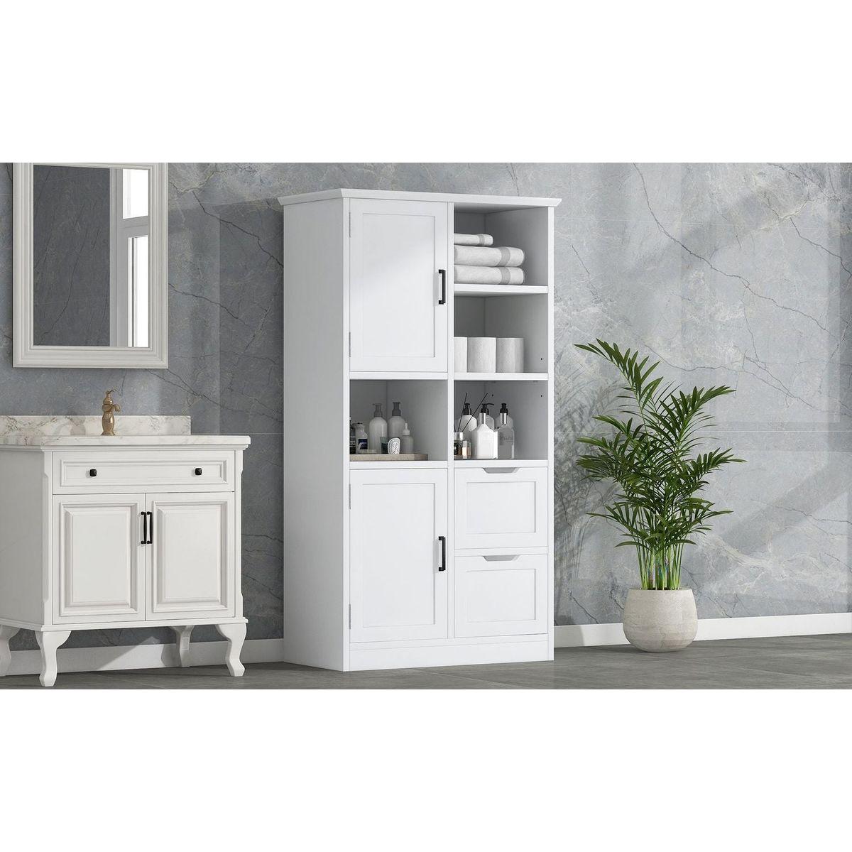 Bathroom Storage Cabinet with Doors and Drawers, Multiple Storage Space, Freestanding Style, Open Shelve, Adjustable Shelf, White