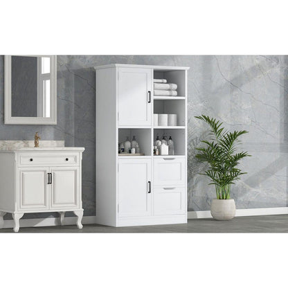 Bathroom Storage Cabinet with Doors and Drawers, Multiple Storage Space, Freestanding Style, Open Shelve, Adjustable Shelf, White
