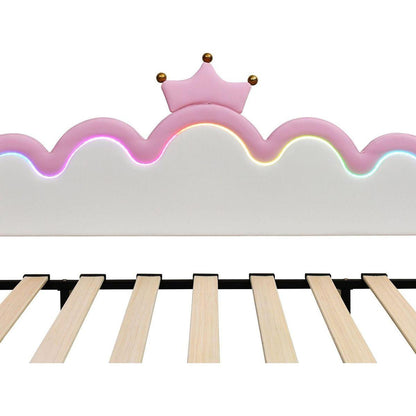 Twin Extending Daybed with LED Lights, Modern Upholstered Princess Daybed With Crown Headboard,Pink