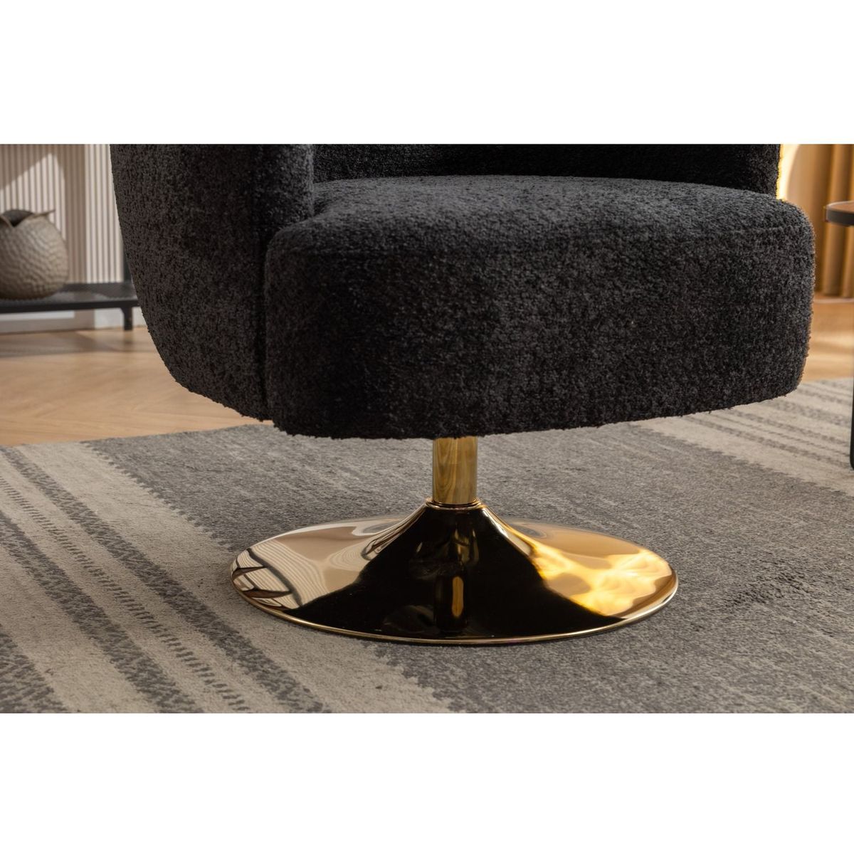 Chenille Fabric Accent Swivel Chair With Gold Metal Round Base,Black