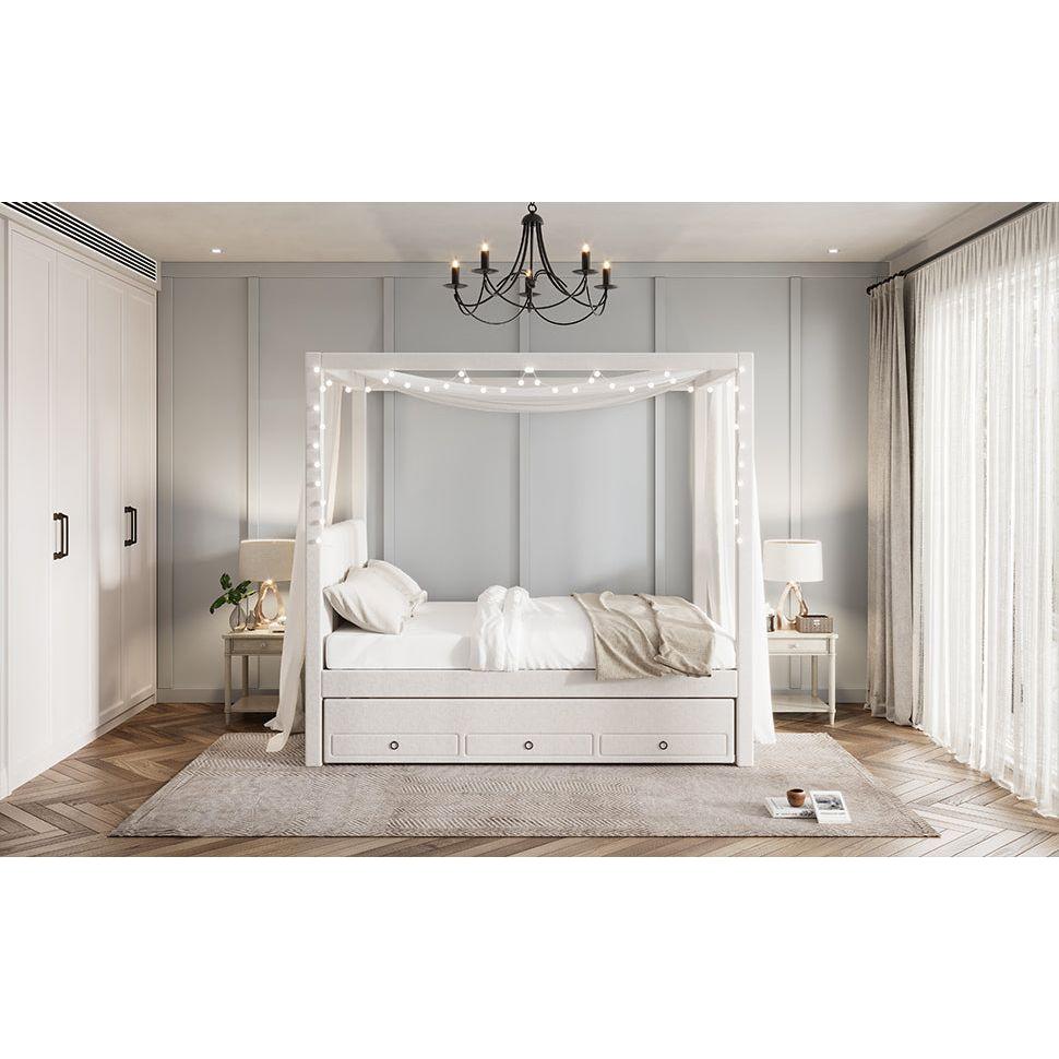 Full Size Upholstery Canopy Platform Bed with Trundle and Three Storage Drawers, Beige - Streamdale Furniture
