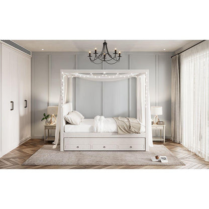 Full Size Upholstery Canopy Platform Bed with Trundle and Three Storage Drawers, Beige - Streamdale Furniture