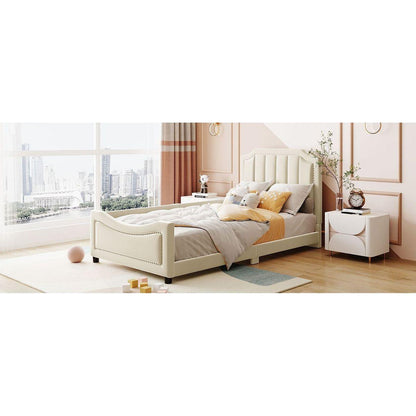Twin Size Upholstered Daybed with Classic Stripe Shaped Headboard, Beige
