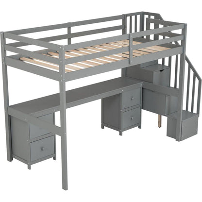 Twin Size Loft Bed Frame with Built-in Desk and Double Storage Drawers,Gray