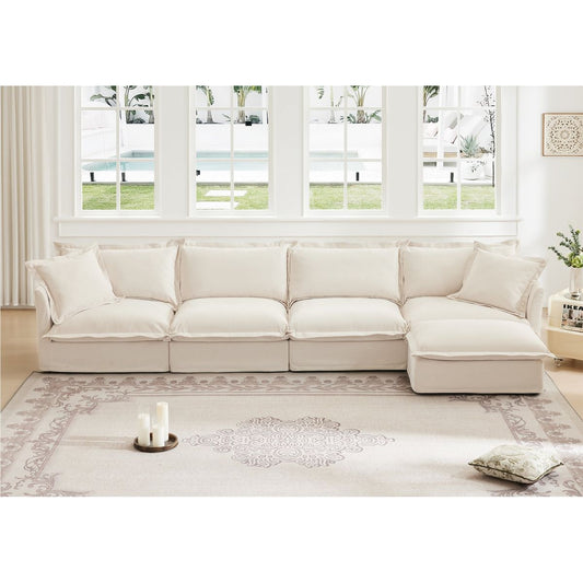 Slipcovered L Shape Sectional Long Sofa Couch, 4 Seater Sofa with Suppleness Armrests, Chenille Deep Seat Sofa with 2 Big Pillows, Comfy Couch for Living Room, Apartment, Chenille Fabric, Cream