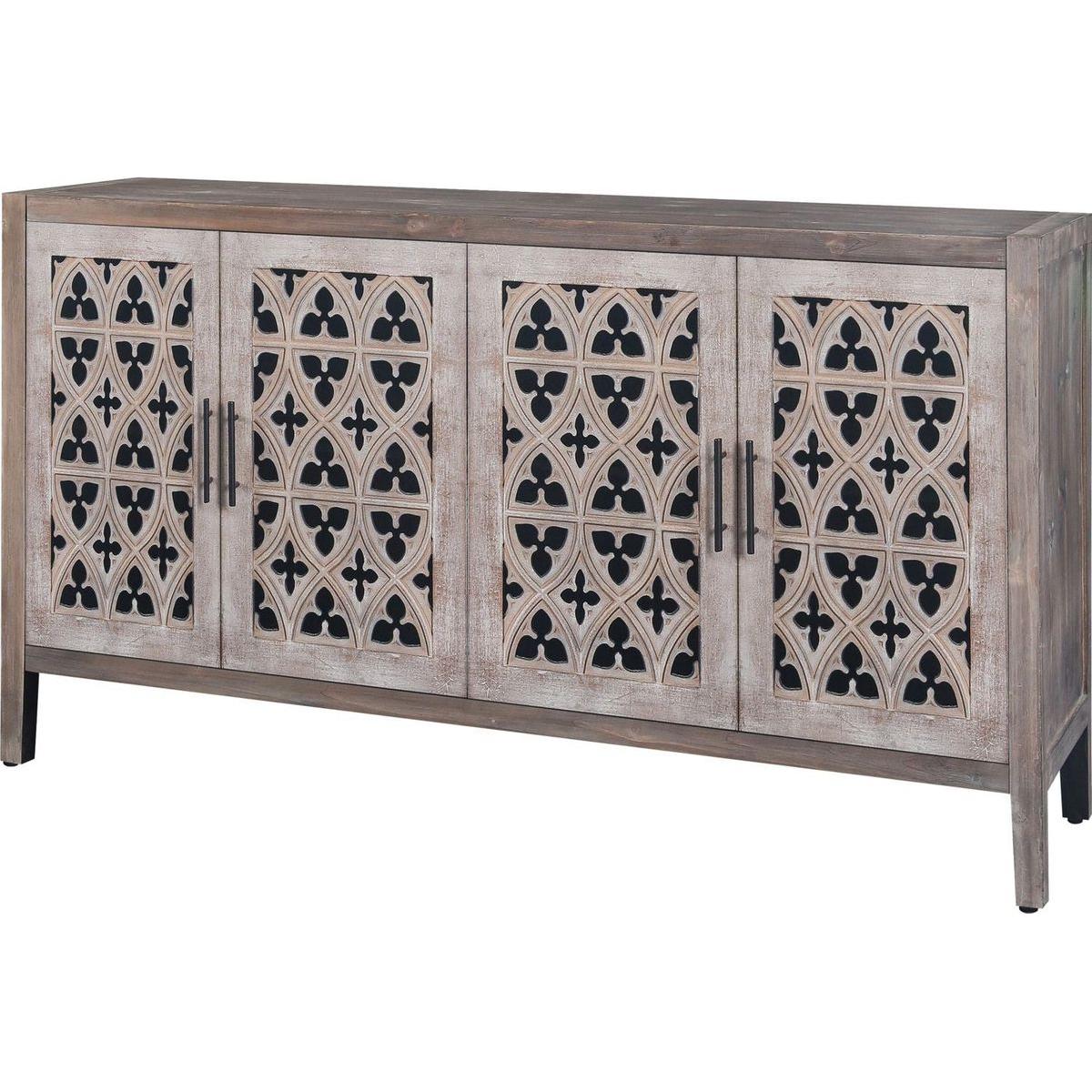 Hollow Four Door Antique Cabinet, American Country Style, Suitable for Living Room, TV Cabinet, Kitchen (Brown)
