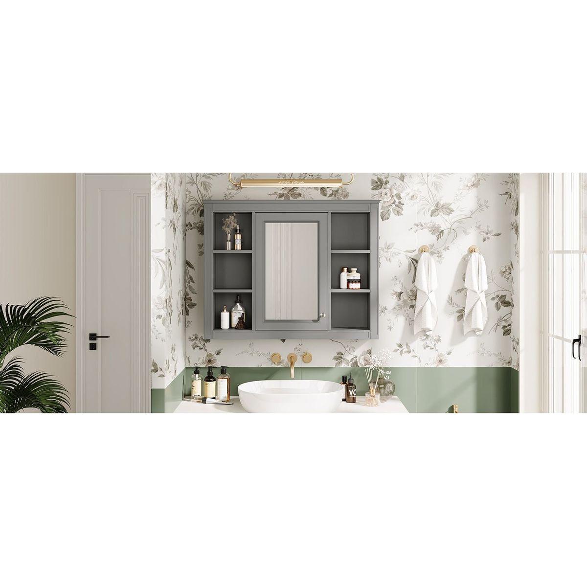 35" x 27.5" Medicine Cabinet, Wall Mounted Bathroom Storage Cabinet, Modern Bathroom Wall Cabinet with Mirror, Mirror Cabinet with 6 Open Shelves (Not Include Bathroom Vanity)