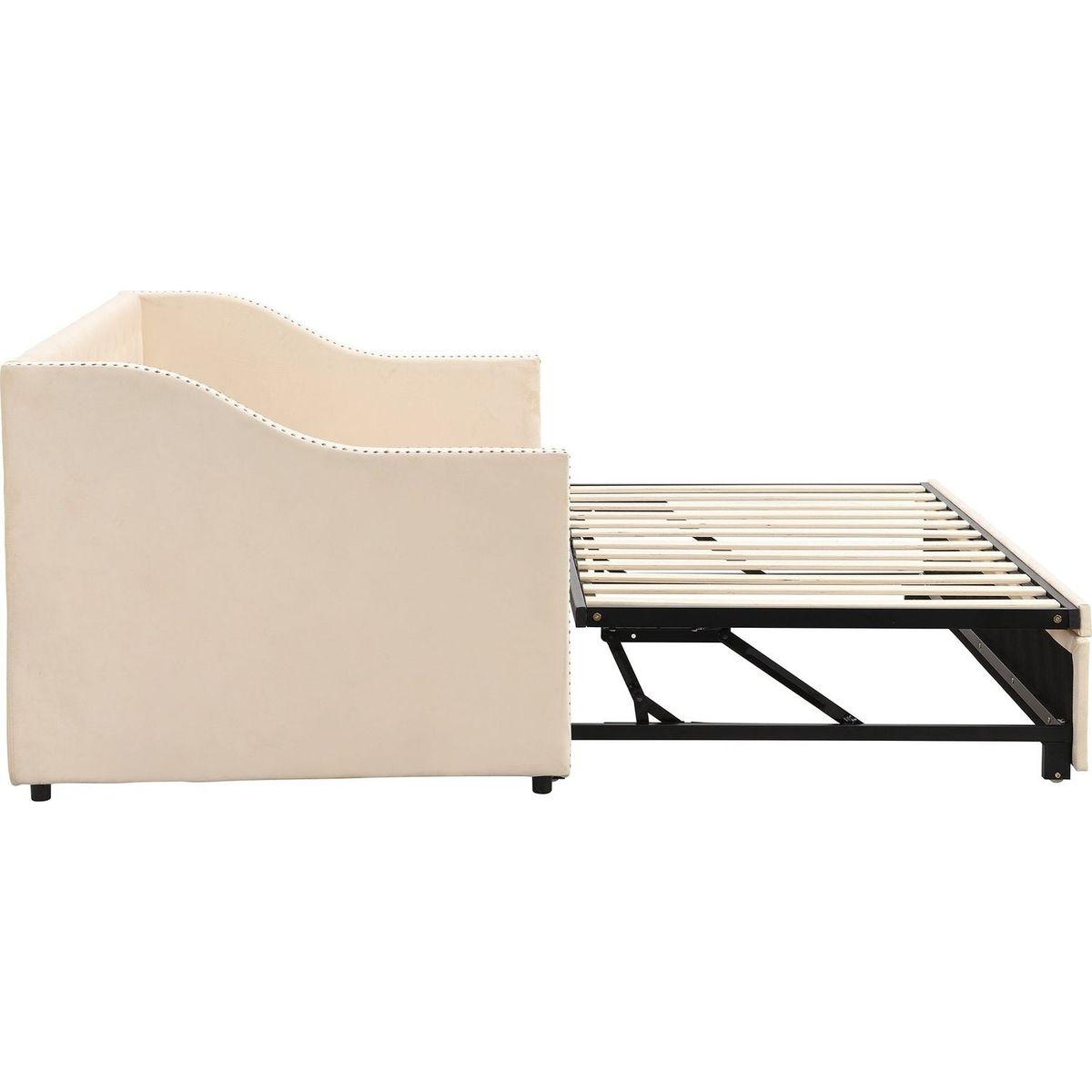 Twin Size Upholstered daybed with Pop Up Trundle, Beige