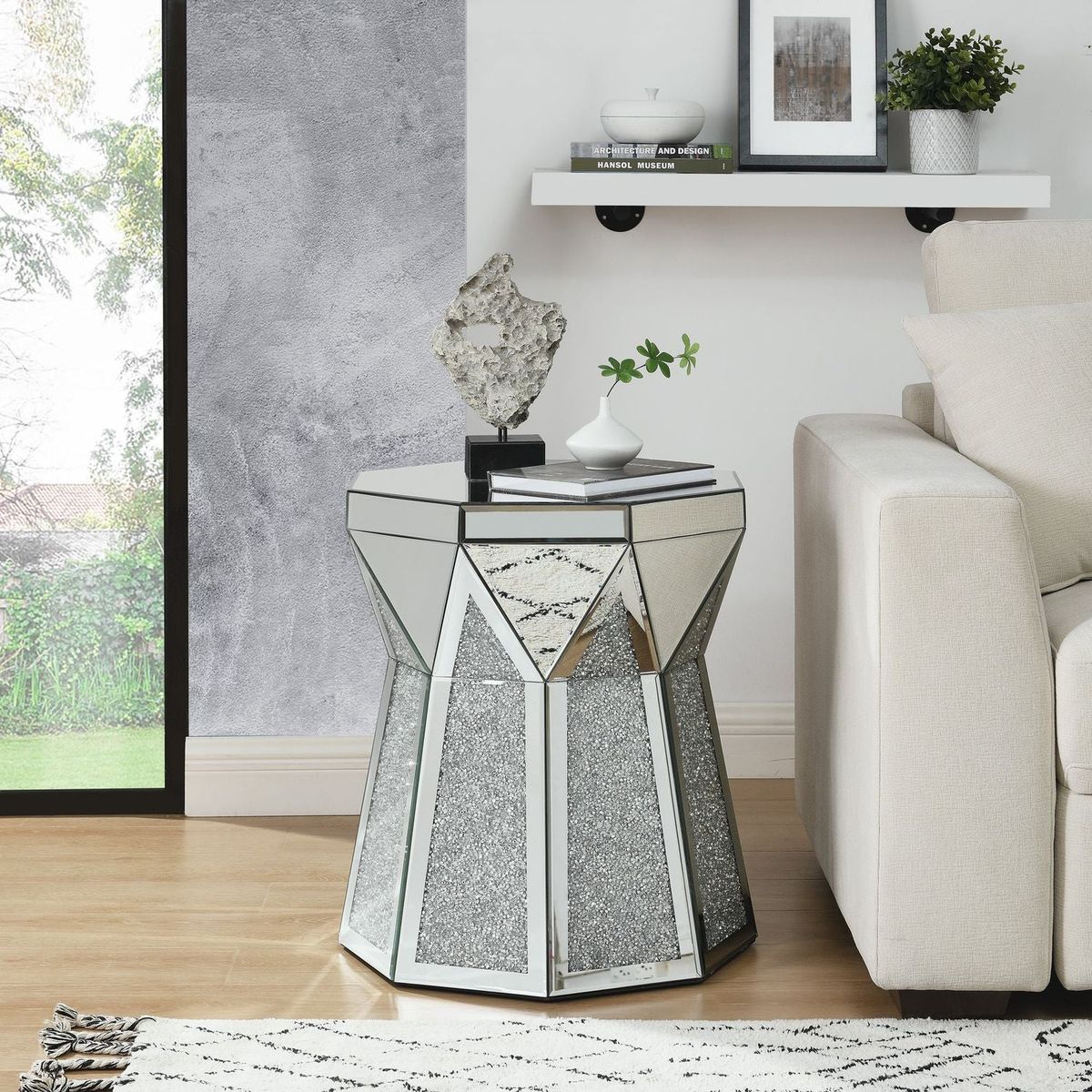 Drum style coffee table with mirror crystal inlay, polygonal silver decorative table, modern design luxury modern furniture, 20 inch (about 50 centimeters) low coffee table, suitable for living room