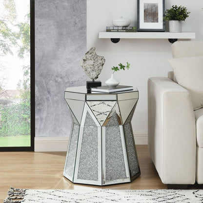 Drum style coffee table with mirror crystal inlay, polygonal silver decorative table, modern design luxury modern furniture, 20 inch (about 50 centimeters) low coffee table, suitable for living room