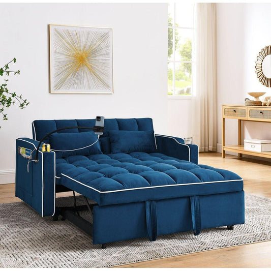 55.51 inch versatile foldable sofa bed in 3 lengths, modern sofa sofa sofa velvet pull-out bed, adjustable back and with USB port and ashtray and swivel phone stand (BLUE)