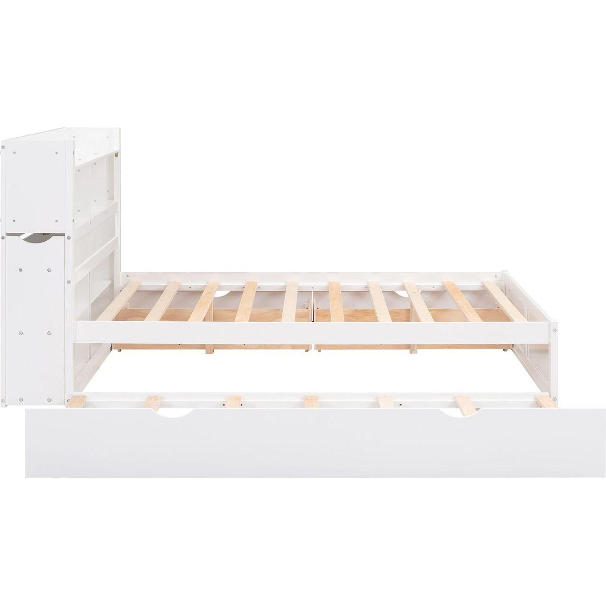 Full Size Storage Platform Bed with Pull Out Shelves, Twin Size Trundle and 2 Drawers, White