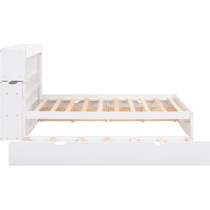 Full Size Storage Platform Bed with Pull Out Shelves, Twin Size Trundle and 2 Drawers, White