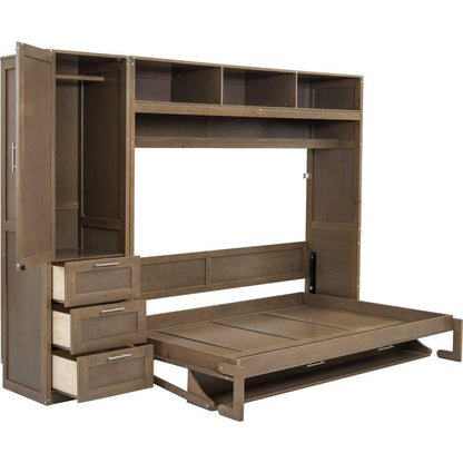Full Size Murphy Bed with Wardrobe, Drawers and Open Shelves, Antique Grey
