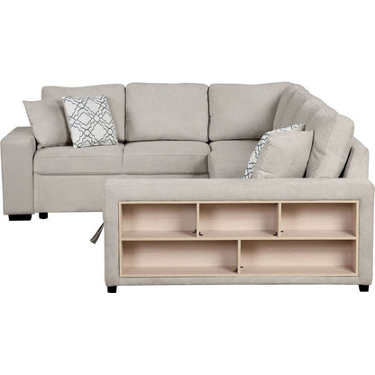 109" U-shaped Sectional Sofa Pull-out Sofa Bed with Two USB Ports, a Storage Chaise Lounge and Four Back Pillows for Living Room, Beige