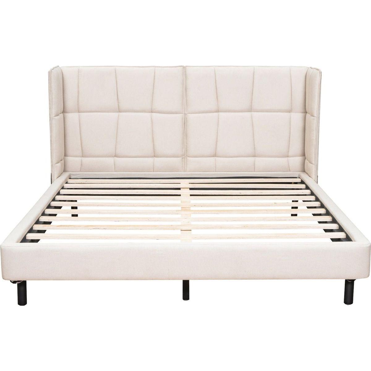 Queen Size Upholstered Platform Bed with LED Lights and U-Shaped Headboard, Linen Fabric, Beige
