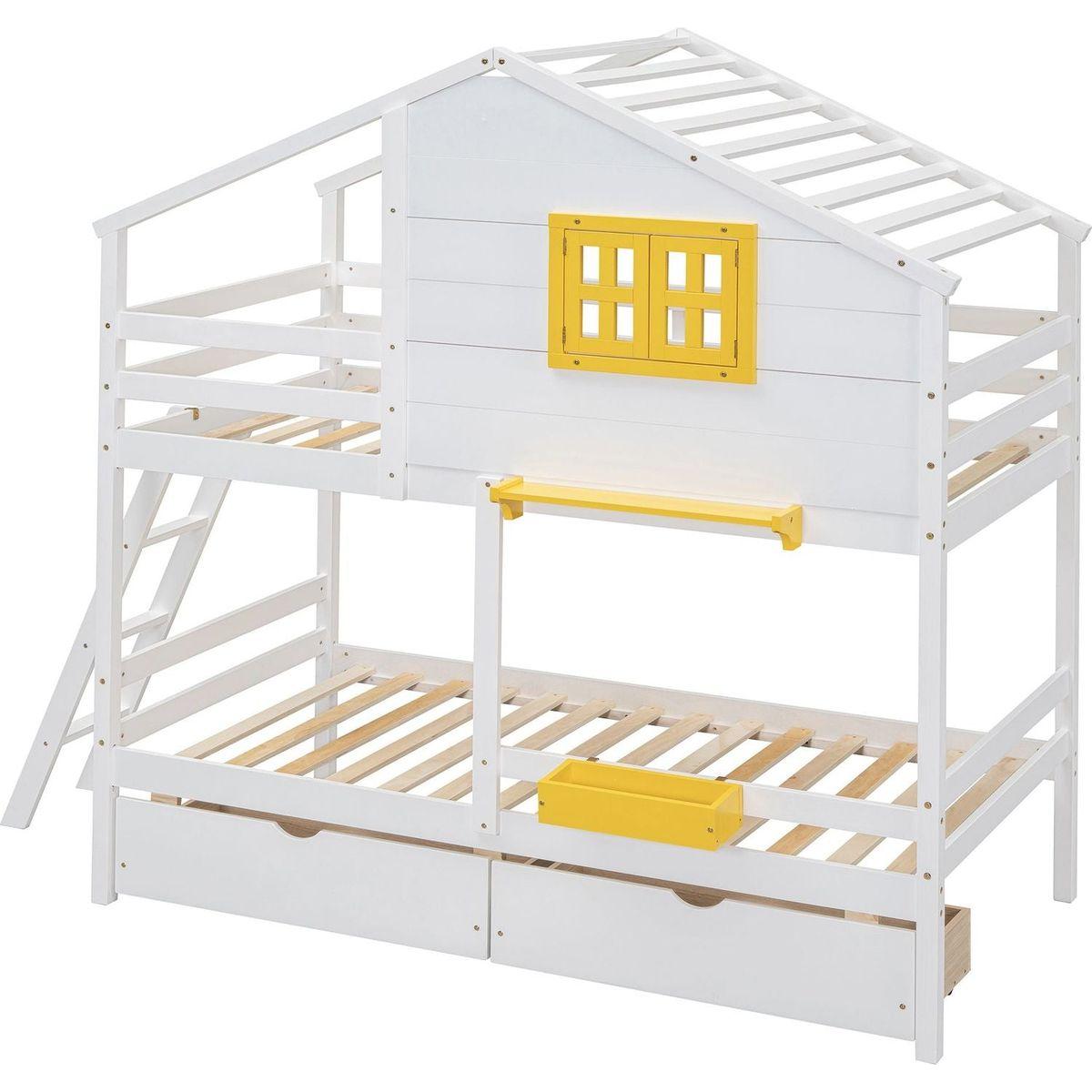 Twin over Twin Bunk Bed with 2 Drawers, 1 Storage Box, 1 Shelf, Window and Roof-White