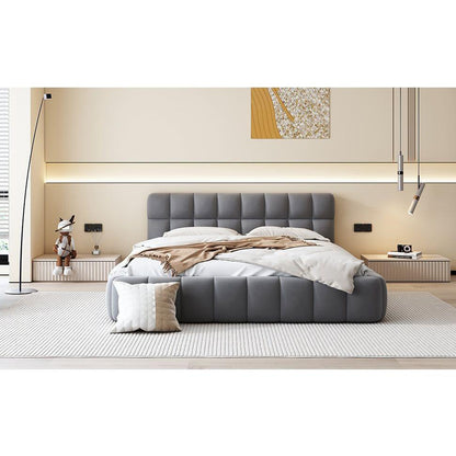 Queen Size Upholstered Platform Bed with Thick Fabric, Grounded Bed with Solid Frame, Gray