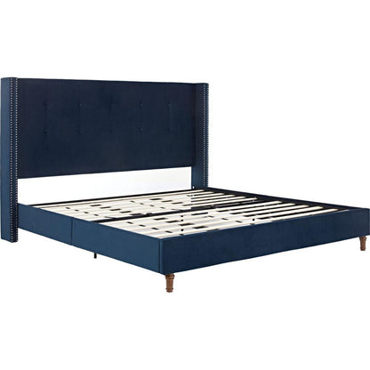 Upholstered King Bed / 54" High Headboard / Traditional Hand Buttoned Tufting / Nailhead Trim Wingback / No Box Spring Needed / Easy Assembly / Blue Velvet