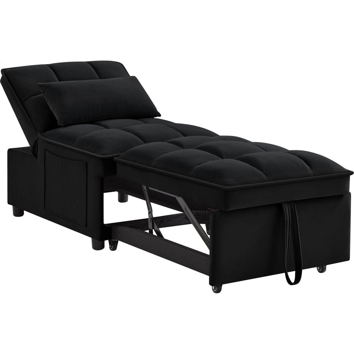 4 in1 Multi-Function Single Sofa Bed with Storage Pockets,Tufted Single Pull-out Sofa Bed with Adjustable Backrest and Pillows, Convertible Chaise Lounge,Black