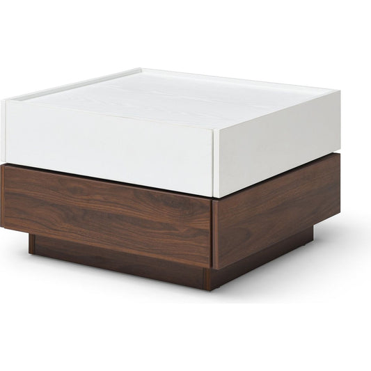 Rotating Coffee Table with 2 Drawers, High wood 2-Tier Center Table with Storage, Square Coffee Table with Swivel Tabletop for Living Room  (white and Walnut )