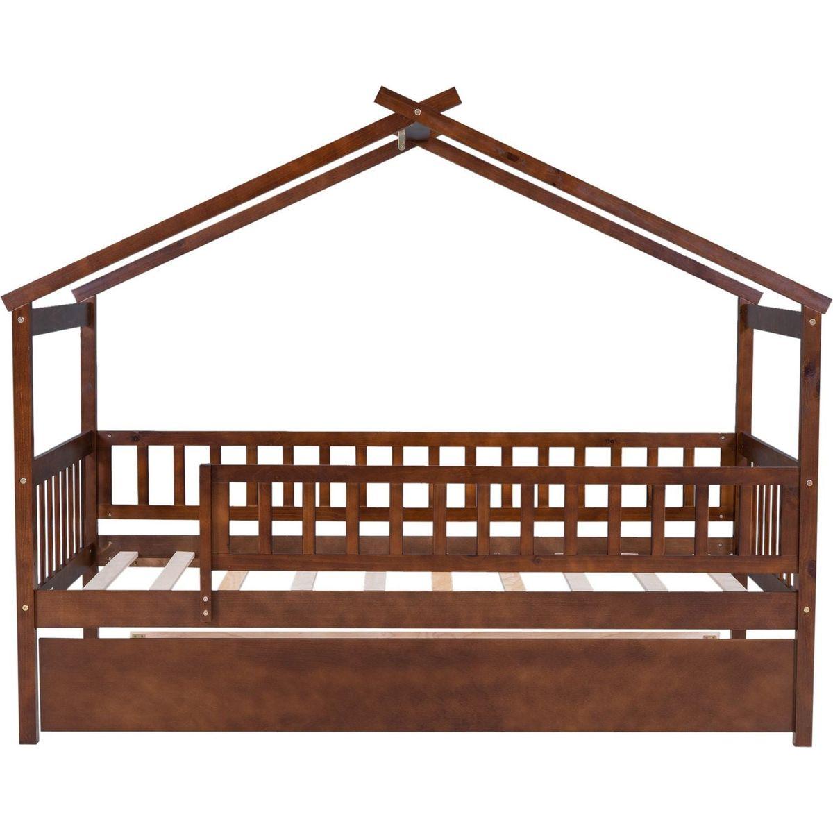 Twin Size Wooden House Bed with Twin Size Trundle, Walnut