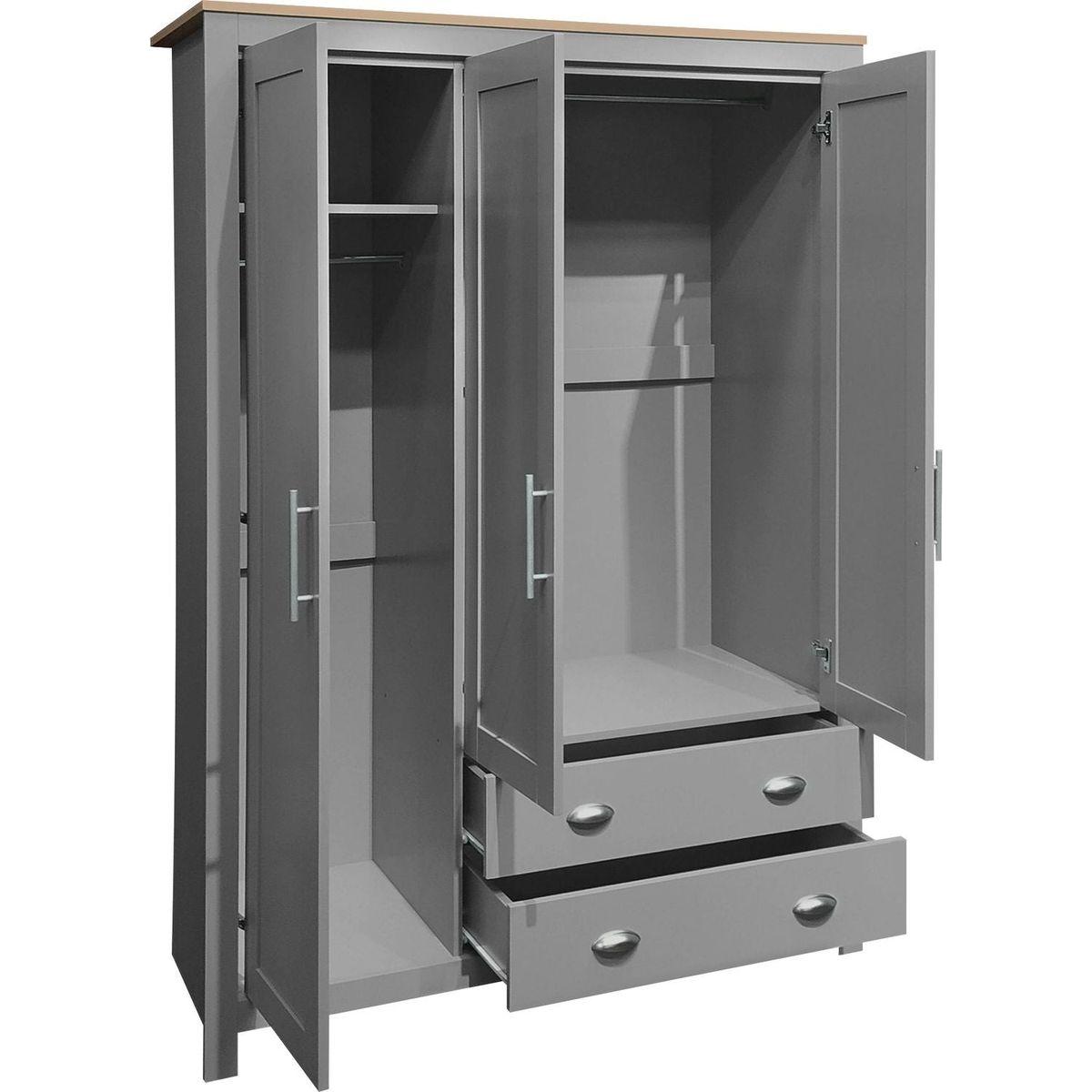 Three Door Storage Wardrobe with Cabinets and Two Hanging Rods,Gray