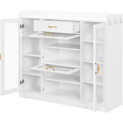 Modernist Side Cabinet with 4 Glass Doors & 3 Hooks, Freestanding Shoe Rack with Multiple Adjustable Shelves, Versatile Display Cabinet with Gold Handles for Hallway, Living Room, White