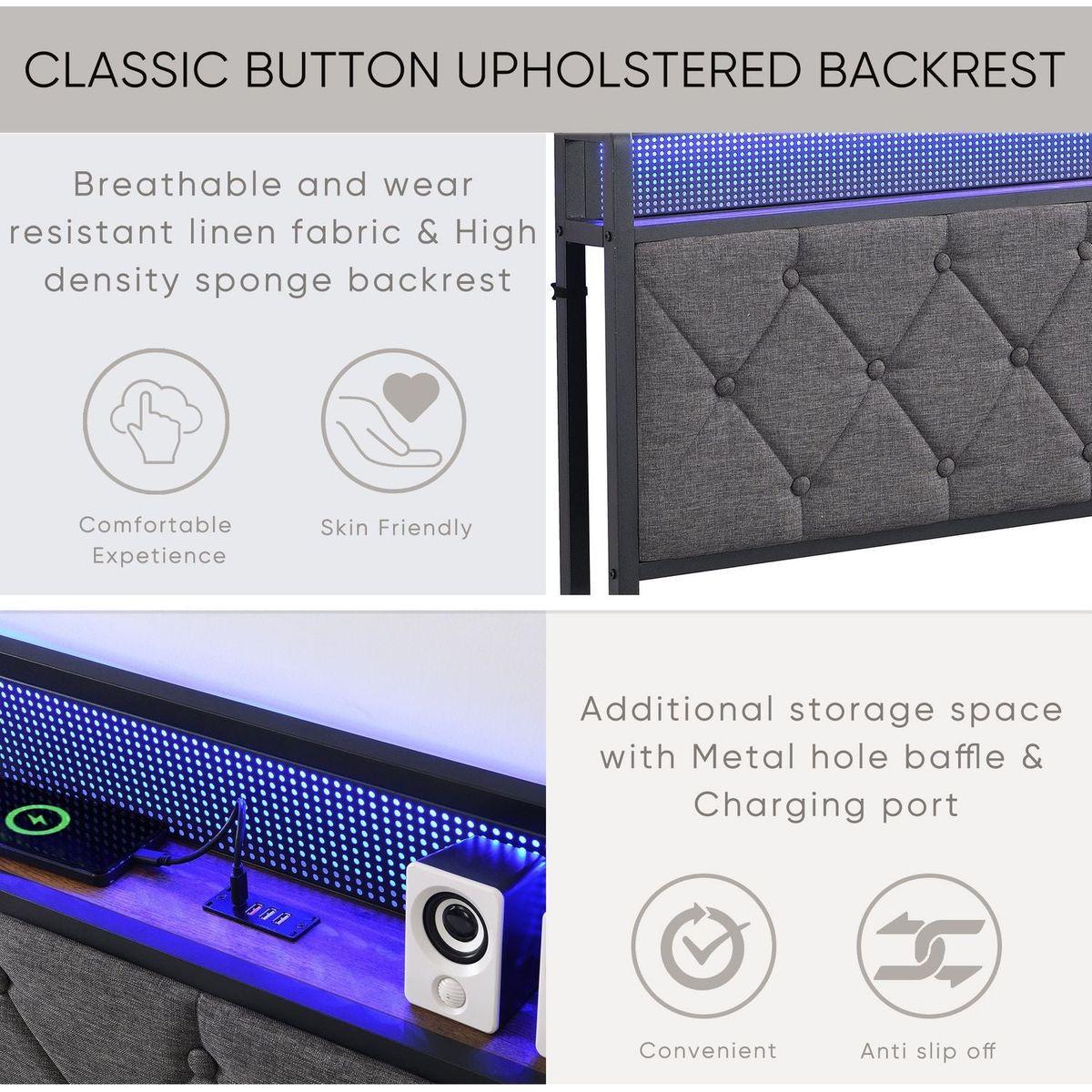 Full Bed Frame with Storage Headboard, Charging Station and LED Lights, Upholstered Platform Bed with Heavy Metal Slats, No Box Spring Needed, Noise Free, Easy Assembly, Dark Gray