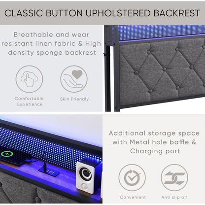 Queen Bed Frame with Storage Headboard, Charging Station and LED Lights, Upholstered Platform Bed with Heavy Metal Slats, No Box Spring Needed, Noise Free, Easy Assembly, Dark Gray