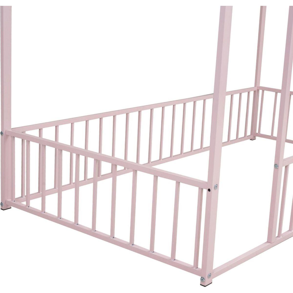 Twin Size Metal Bed House Bed Frame with Fence, for Kids, Teens, Girls, Boys, Pink - Streamdale Furniture