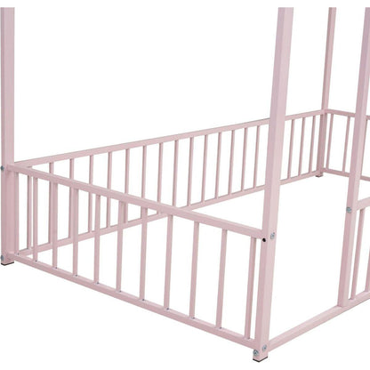 Twin Size Metal Bed House Bed Frame with Fence, for Kids, Teens, Girls, Boys, Pink - Streamdale Furniture