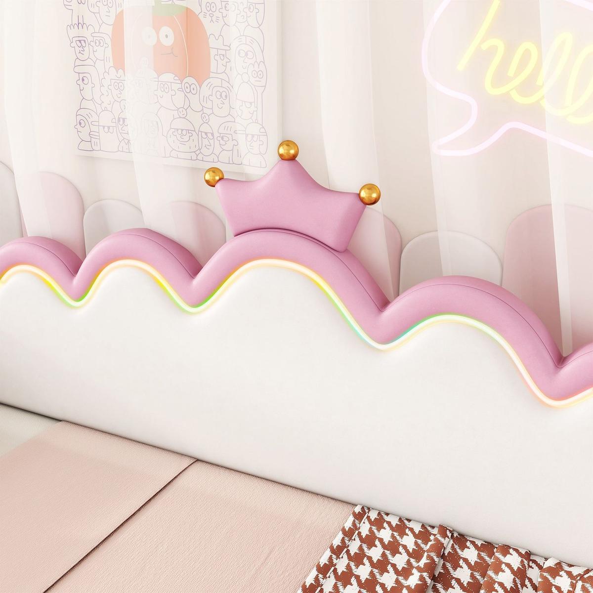 Twin Extending Daybed with LED Lights, Modern Upholstered Princess Daybed With Crown Headboard,Pink