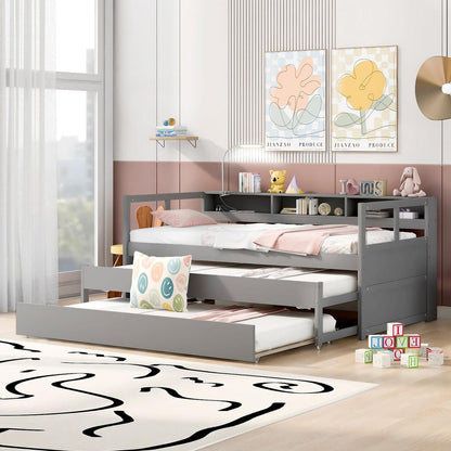 Twin XL Wood Daybed with 2 Trundles, 3 Storage Cubbies, 1 Light for Free and USB Charging Design, Gray