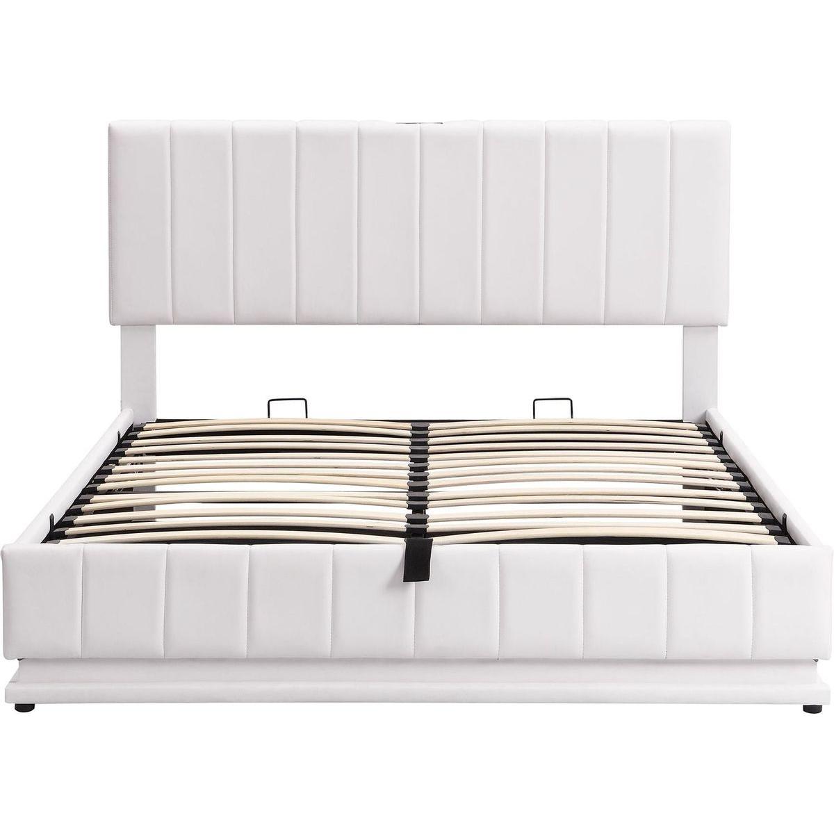 Queen Size Upholstered Bed with Hydraulic Storage System and LED Light, Modern Platform Bed with Sockets and USB Ports, White