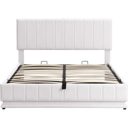 Queen Size Upholstered Bed with Hydraulic Storage System and LED Light, Modern Platform Bed with Sockets and USB Ports, White