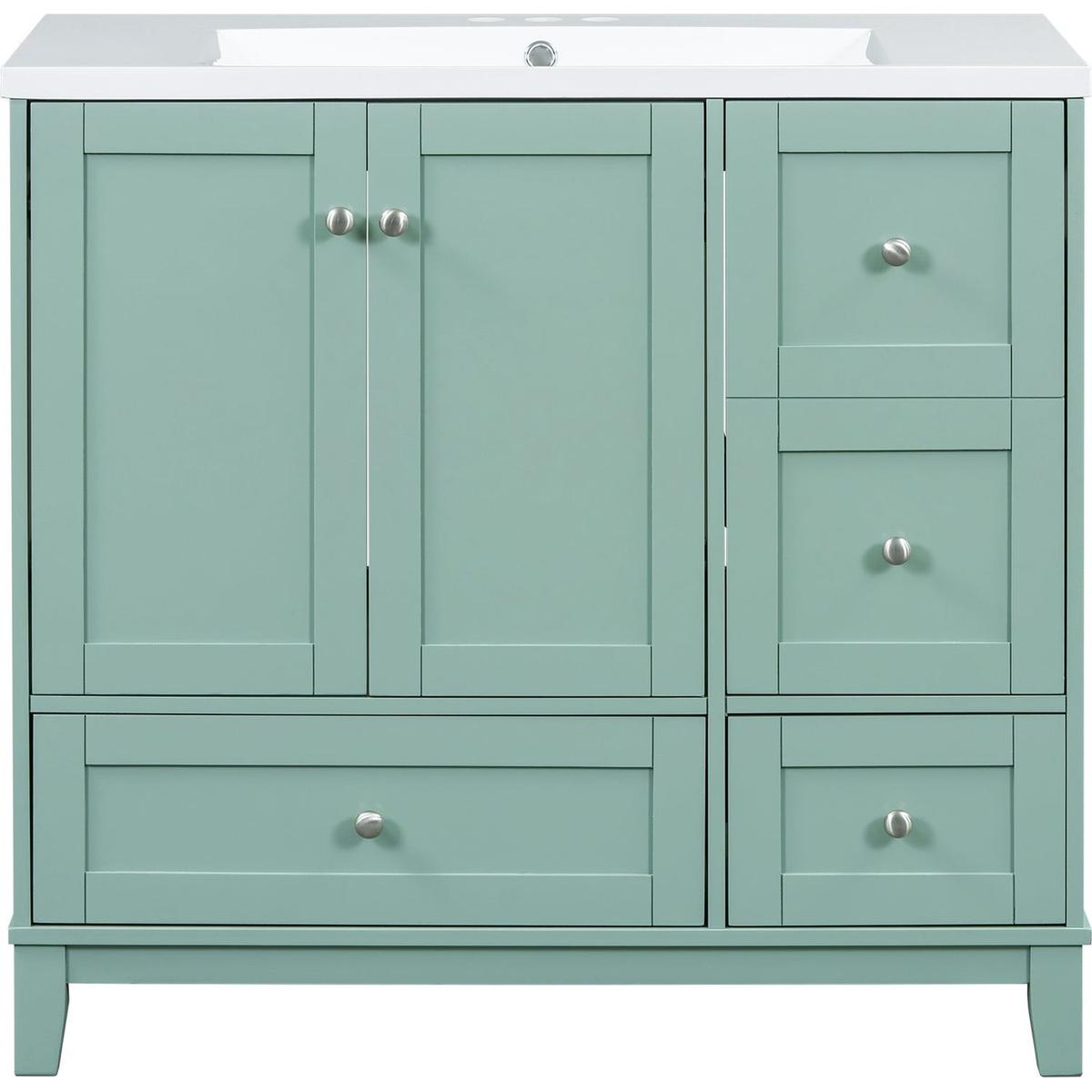 36 Inch Modern Bathroom Vanity with USB Charging, Two Doors and Three Drawers Bathroom Storage Vanity Cabinet, Small Bathroom Vanity cabinet with single sink, Green - Faucets Not Included