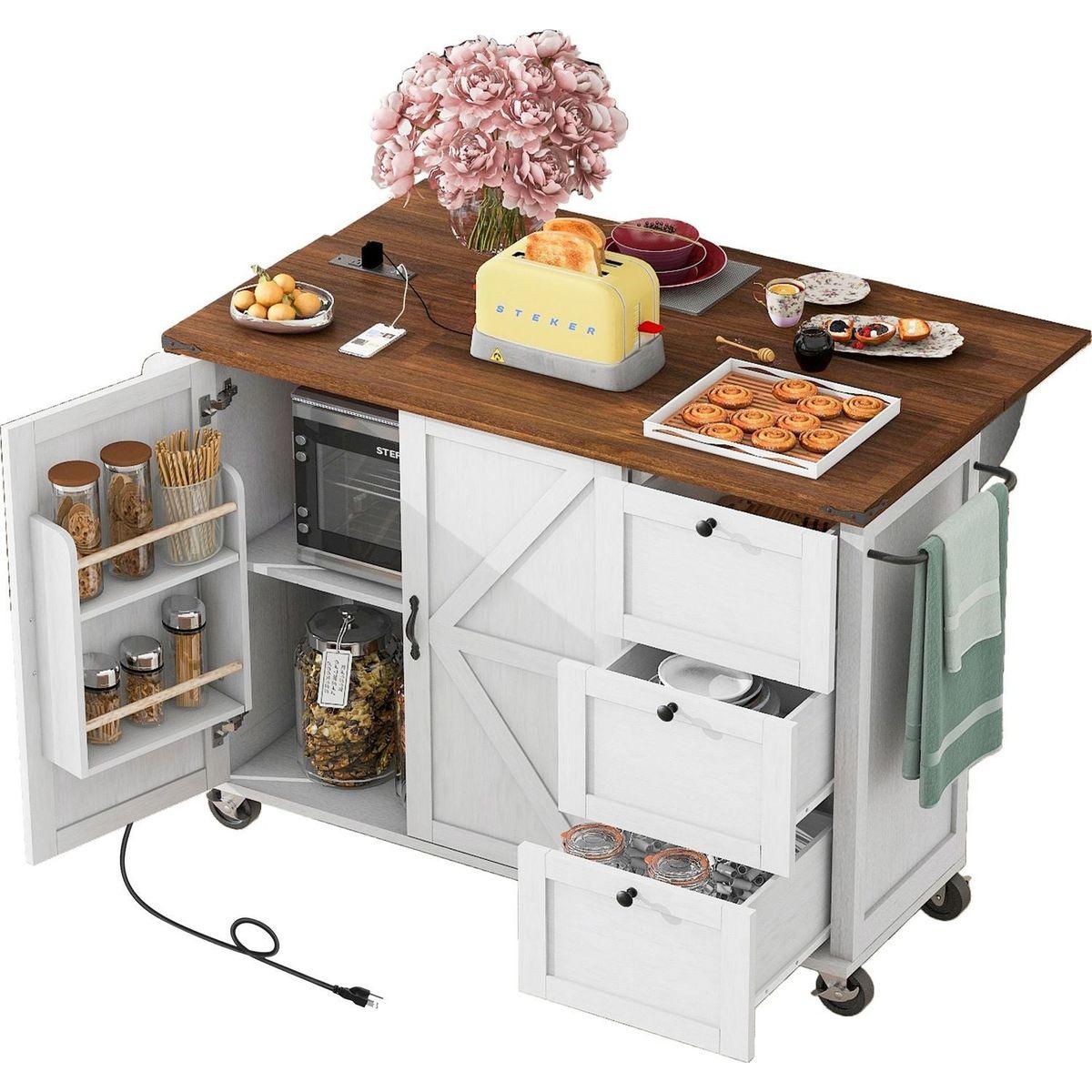 54.5" Farmhouse Kitchen Island with Power Outlet, Kitchen Storage Island with Internal Storage Rack, Drop Leaf, Spice Rack, Rolling Kitchen Cart on Wheels, for Home, Kitchen and Dining Room,White