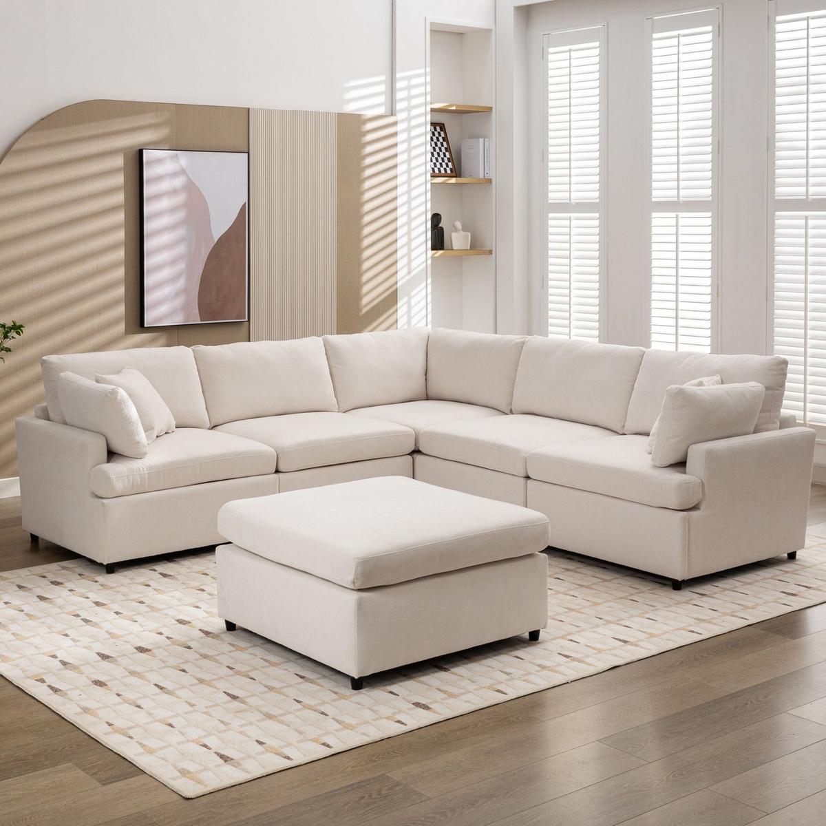 Modern Large U-Shape Sectional Sofa, with Removable Ottomans for Living Room (6-Seater)
