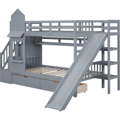 Twin-Over-Twin Castle Style Bunk Bed with 2 Drawers 3 Shelves and Slide - Gray