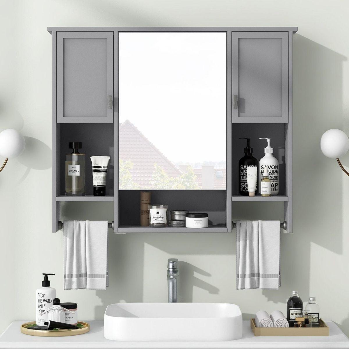 35" x 28" Modern Wall Mounted Bathroom Storage Cabinet, Bathroom Wall Cabinet with Mirror, Medicine Cabinet with Towels Bar