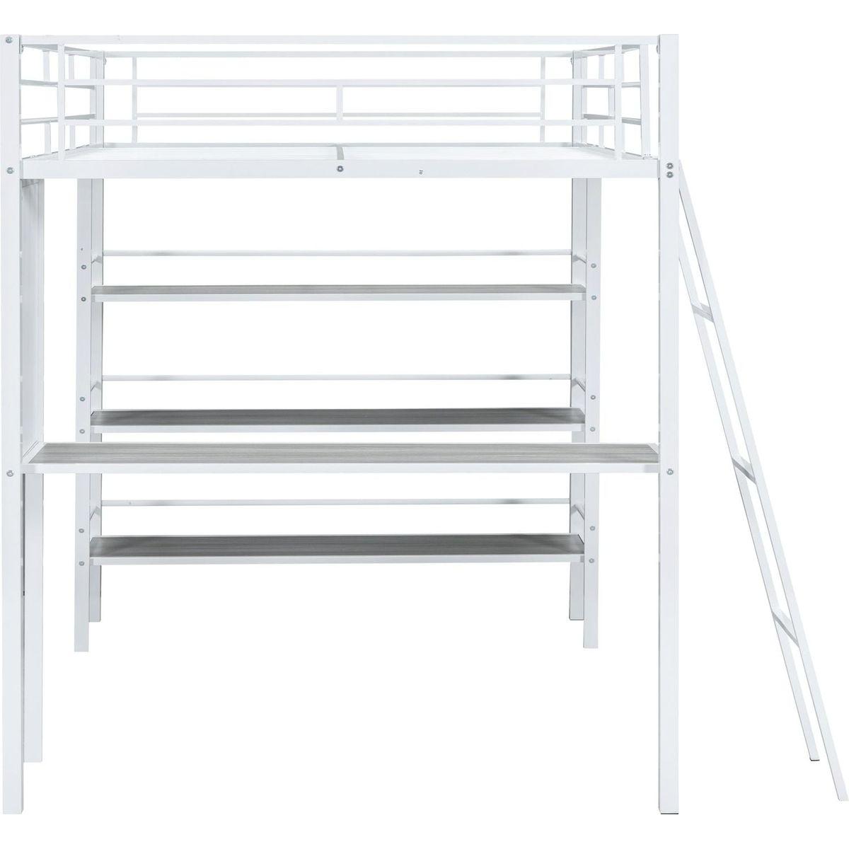 Full Size Loft Metal Bed with 3 Layers of Shelves and Desk, Stylish Metal Frame Bed with Whiteboard, White