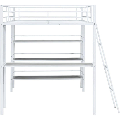 Full Size Loft Metal Bed with 3 Layers of Shelves and Desk, Stylish Metal Frame Bed with Whiteboard, White
