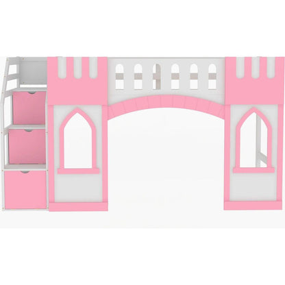 Twin Size Loft Bed with Storage Staircase and Window, Pink