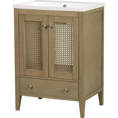 24" Bathroom Vanity with Ceramic Basin, Rattan Bathroom Storage Cabinet with Two Doors and Drawer, Solid Frame, Natural