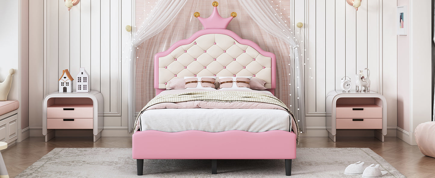 Twin Size Lovely Crown Fantasy PU Leather Princess Bed with Tufted Headboard, Pink+Cream