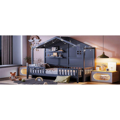 Twin Size House Bed with Shelves, House Bed with Window and Sparkling Light Strip on the Roof, Gray