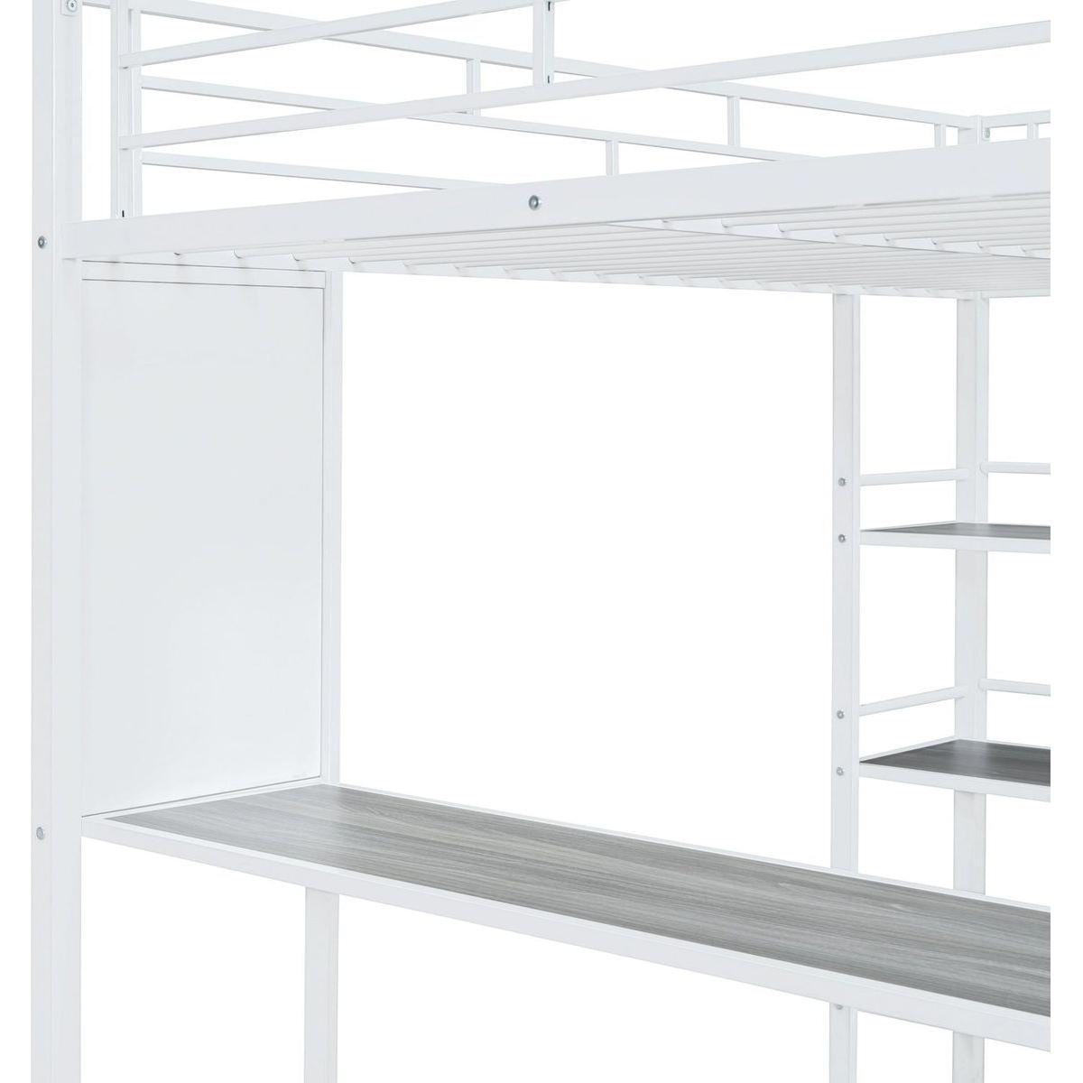Full Size Loft Metal Bed with 3 Layers of Shelves and Desk, Stylish Metal Frame Bed with Whiteboard, White