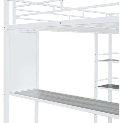 Full Size Loft Metal Bed with 3 Layers of Shelves and Desk, Stylish Metal Frame Bed with Whiteboard, White