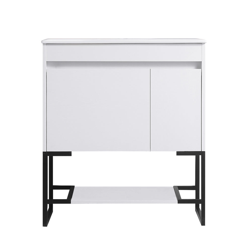 30" Bathroom Vanity with Sink,Bathroom Vanity Cabinet with One Soft Close Cabinet Doors & soft-close Drawers,Bathroom Storage Cabinet with a Lower Open Shelf,with Metal Legs,White Ceramic Sink,White